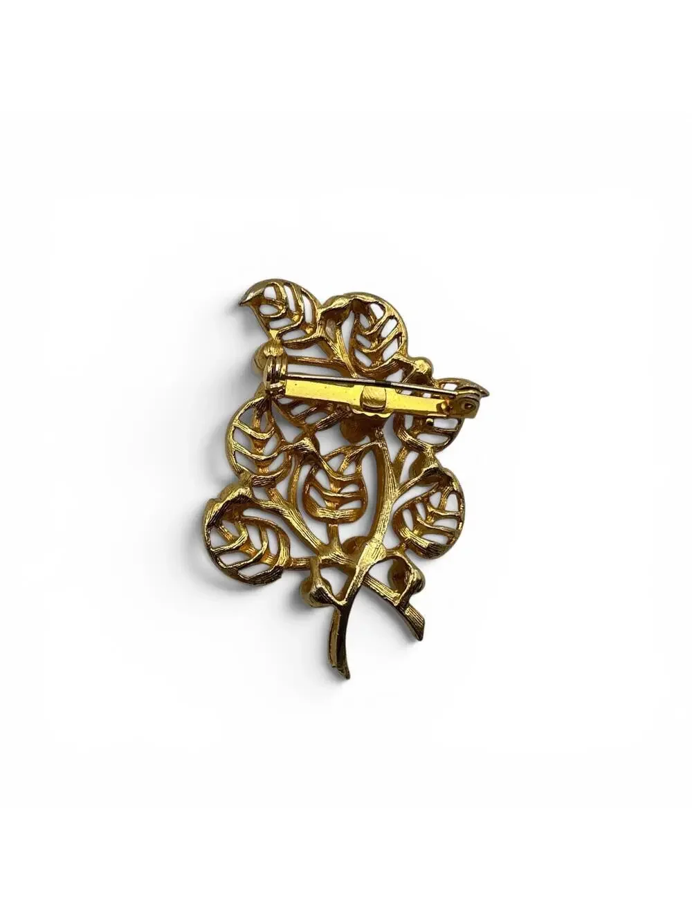 Vintage 70s Gold Tone Leaf Spray Brooch with Faux Pearls